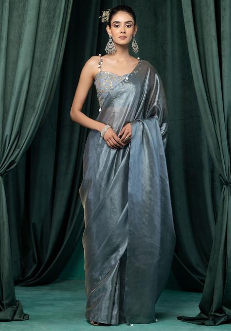 Grey Organza Pre-Stitched Saree Set With Floral Embroidered Silk Blouse