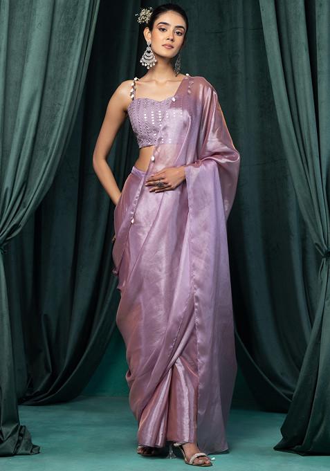 Lavender Organza Pre-Stitched Saree Set With Mirror Thread Embroidered Blouse