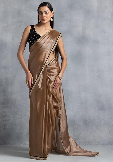 Brown Organza Pre-Stitched Saree Set With Sequin Embroidered Velvet Blouse
