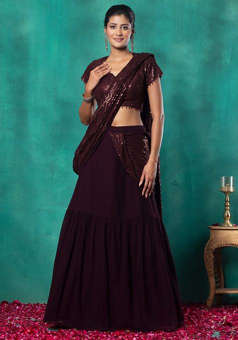 Burgundy Sequin Chevron Embroidered Pre-Stitched Saree Set With Embroidered Blouse