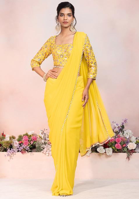 Yellow Pre-Stitched Saree Set With Multicolour Boota Thread Embroidered Blouse