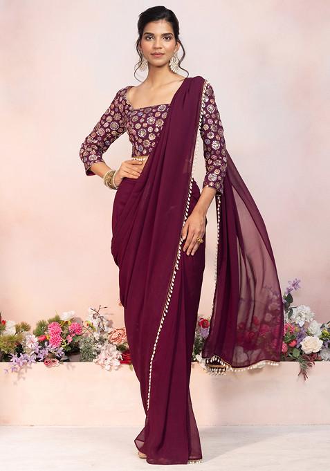 Dark Purple Pre-Stitched Saree Set With Multicolour Boota Thread Embroidered Blouse