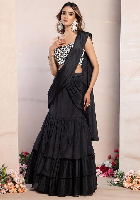 Black Ruffled Pre-Stitched Saree Set With Pearl And Shell Embroidered Blouse
