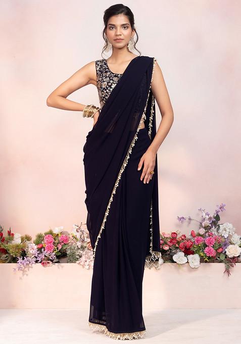 Navy Blue Pre-Stitched Saree Set With Multicolour Floral Thread Embroidered Blouse