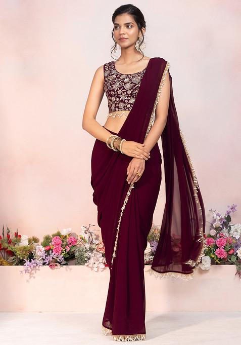 Wine Pre-Stitched Saree Set With Multicolour Floral Thread Embroidered Blouse