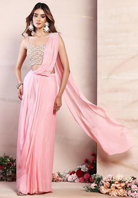 Pastel Pink Pre-Stitched Saree Set With Sequin Pearl Embroidered Blouse