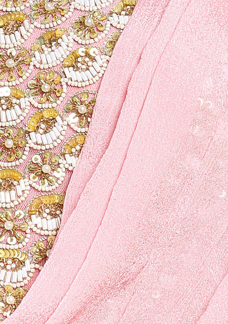 Pastel Pink Pre-Stitched Saree Set With Sequin Pearl Embroidered Blouse