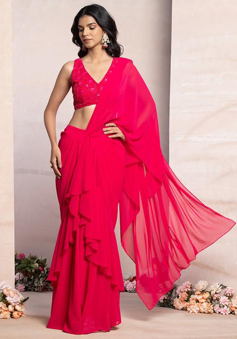 Fuchsia Pink Ruffled Pre-Stitched Saree Set With Thread Embroidered Blouse
