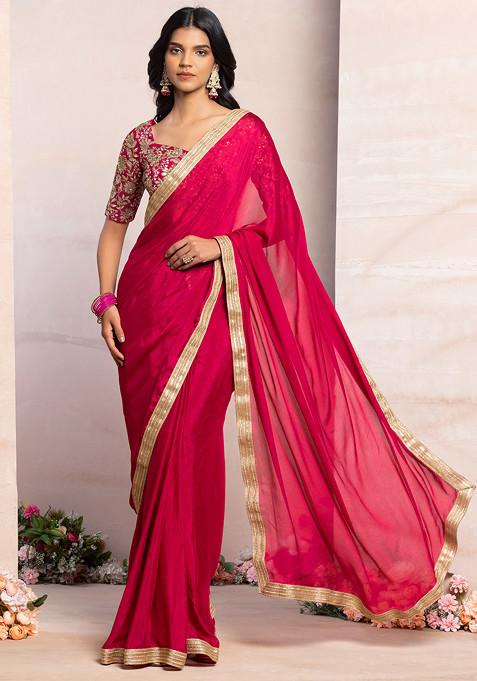 Magenta Pink Pre-Stitched Saree Set With Sequin Zari Embroidered Blouse
