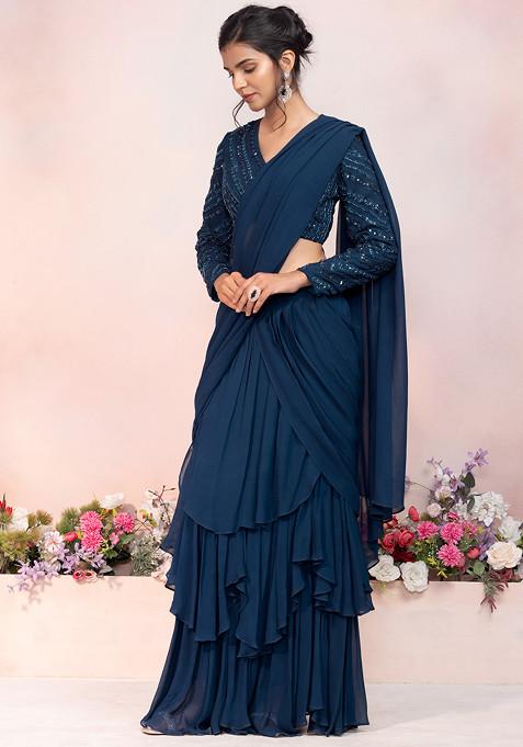 Draped Ruffled Pre-stitched Saree with Tassled Sequin Embellished Blouse