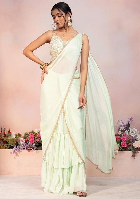 Mint Green Pre-Stitched Saree Set With Floral Pearl Embroidered Blouse