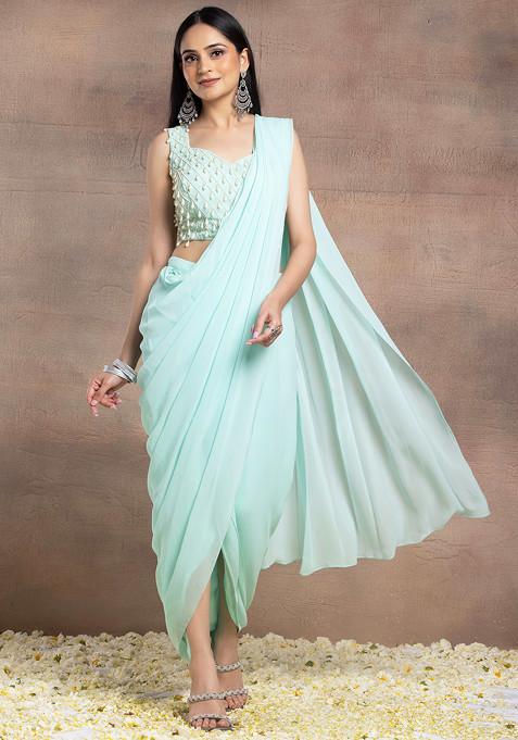 Seafoam Pre-Stitched Saree Set With Pearl Grid Embroidered Blouse