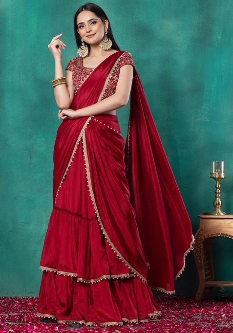 Maroon Pre-Stitched Saree Set With Floral Zari Grid Embroidered Blouse
