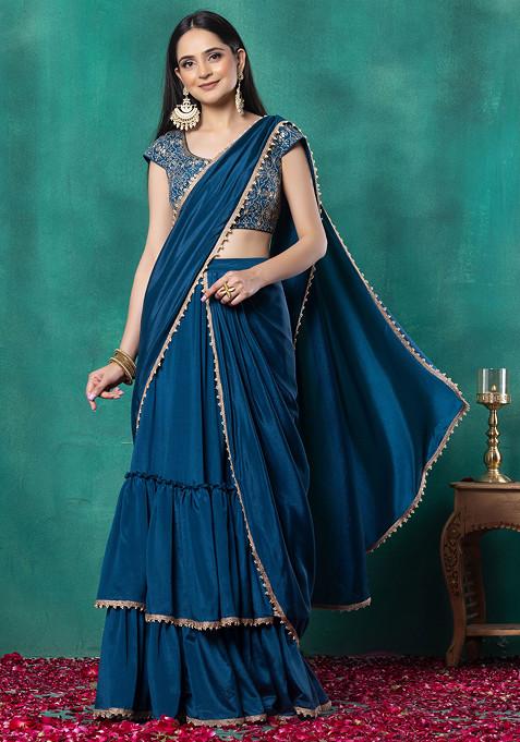 Teal Blue Pre-Stitched Saree Set With Floral Zari Grid Embroidered Blouse