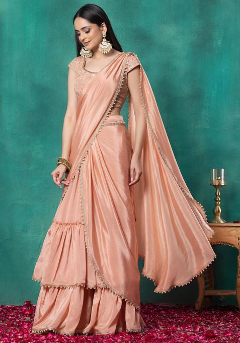 Peach Ruffled Pre-Stitched Saree Set With Floral Zari Embroidered Blouse