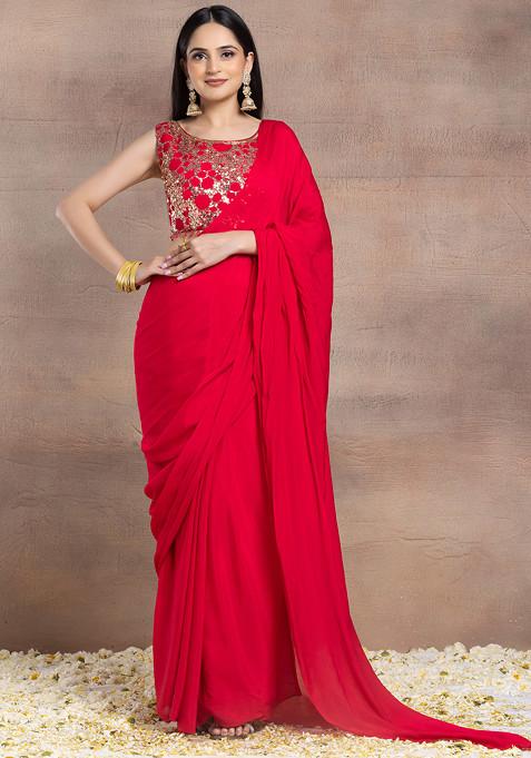 Berry Pink Pre-Stitched Saree Set With Sequin Embroidered Blouse And Belt