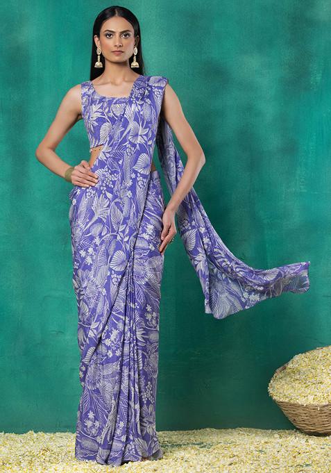 Lavender Tropical Digital Print Pre-Stitched Saree Set With Blouse