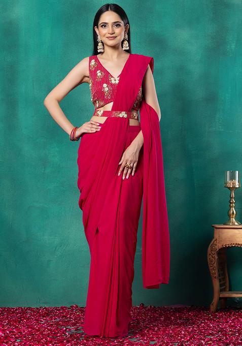Fuchsia Pink Pre-Stitched Saree Set With Floral Embroidered Blouse And Belt