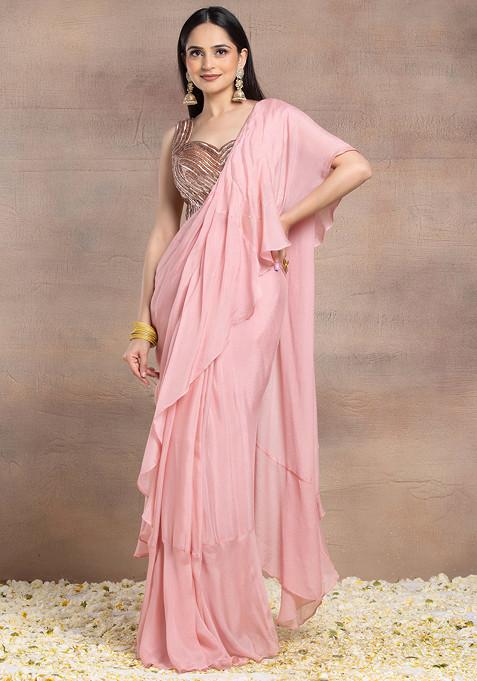 Dull Pink Pre-Stitched Saree Set With Tonal Sequin Embroidered Silk Blouse