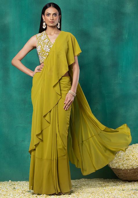 Lime Green Ruffled Pre-Stitched Saree Set With Floral Embroidered Blouse