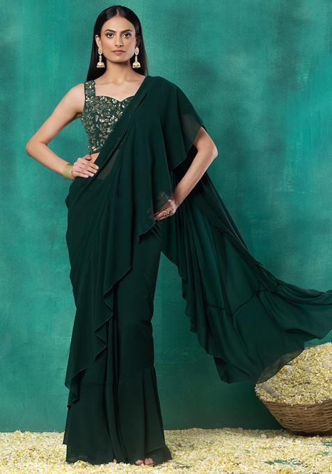 Dark Green Ruffled Pre-Stitched Saree Set With Sequin Leaf Embroidered Blouse