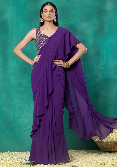 Purple Ruffled Pre-Stitched Saree Set With Sequin Leaf Embroidered Blouse