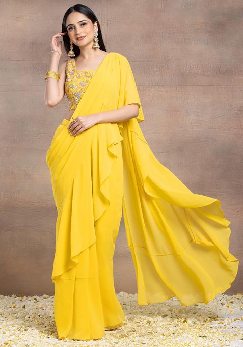 Yellow Ruffled Pre-Stitched Saree Set With Multicolour Sequin Embroidered Blouse