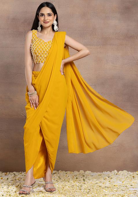Mustard Pre-Stitched Saree Set With Pearl Embroidered Blouse