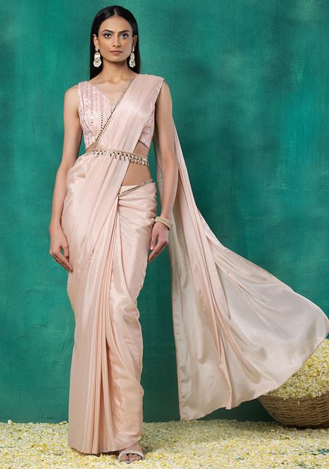 Blush Pink Pre-Stitched Saree Set With Mirror Thread Embroidered Blouse And Belt