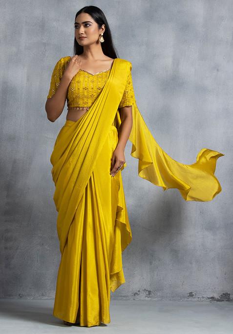 Mustard Pre-Stitched Saree Set With Sequin Thread Geometric Embroidered Blouse