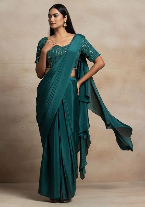 Granite Green Pre-Stitched Saree Set With Sequin Thread Geometric Embroidered Blouse