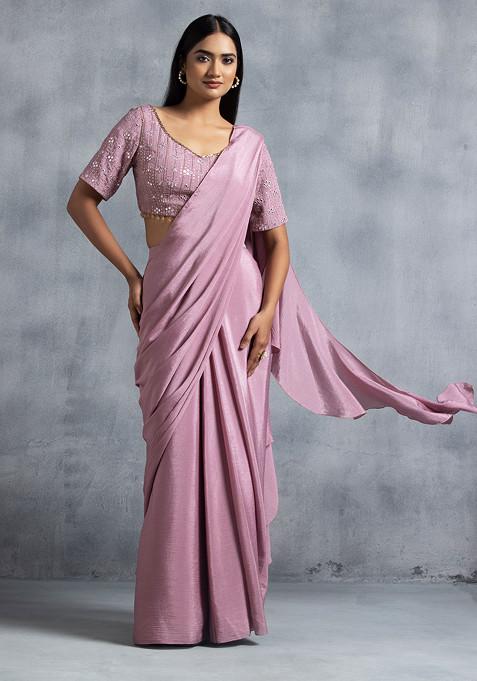 Mauve Pre-Stitched Saree Set With Sequin Thread Geometric Embroidered Blouse