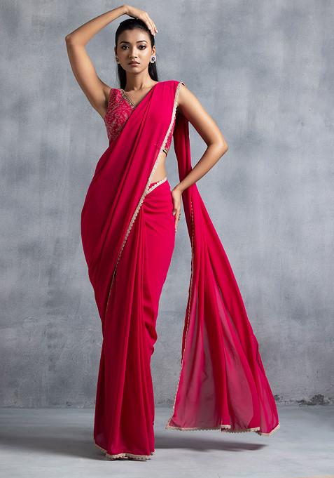 Dark Pink Pre-Stitched Saree Set With Floral Zari Jaal Embroidered Blouse