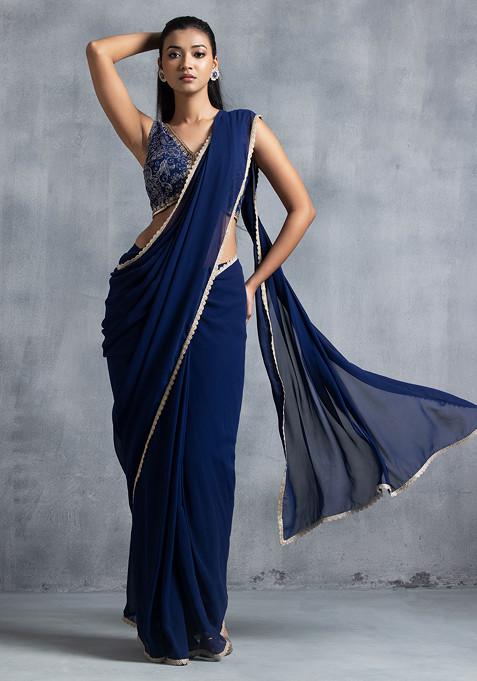 Navy Blue Pre-Stitched Saree Set With Floral Zari Jaal Embroidered Blouse