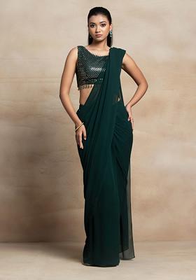 Deep Green Pre-Stitched Saree Set With Tonal Sequin Thread Embroidered Blouse