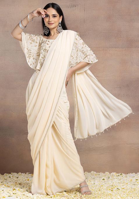 Ivory Pre-Stitched Saree Set With Sequin Embroidered Blouse