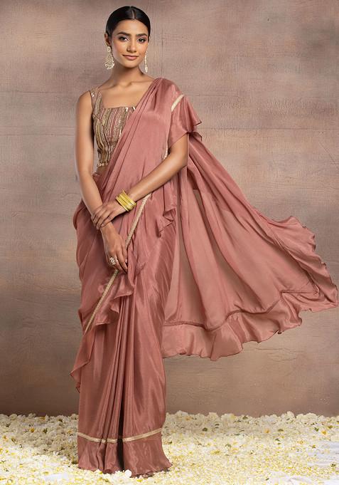 Rusty Rose Ruffled Pre-Stitched Saree Set With Sequin Embroidered Blouse