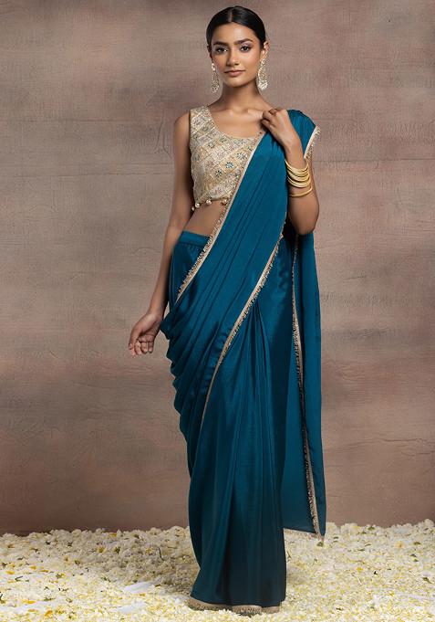 Teal Pre-Stitched Saree Set With Gold Zari Embroidered Blouse