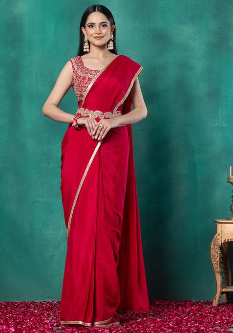 Fuchsia Pink Pre-Stitched Saree Set With Dori Embroidered Blouse And Belt