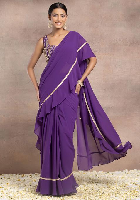 Purple Pre-Stitched Saree Set With Sequin Hand Embroidered Blouse