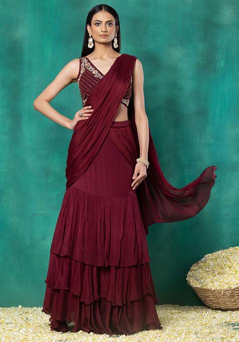 Maroon Ruffled Pre-Stitched Saree Set With Floral Mirror Embroidered Blouse