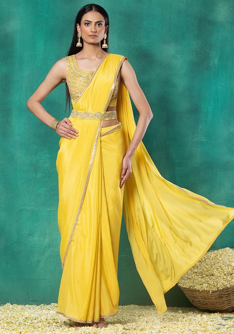 Yellow Pre-Stitched Saree Set With Sequin Dori Embroidered Blouse And Belt