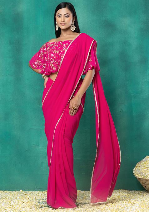 Pink Pre-Stitched Saree Set With Sequin Embroidered Off Shoulder Blouse