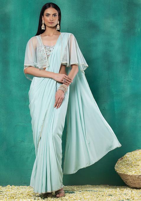 Seafoam Pre-Stitched Saree Set With Sequin Pearl Embroidered Blouse And Mesh Cape