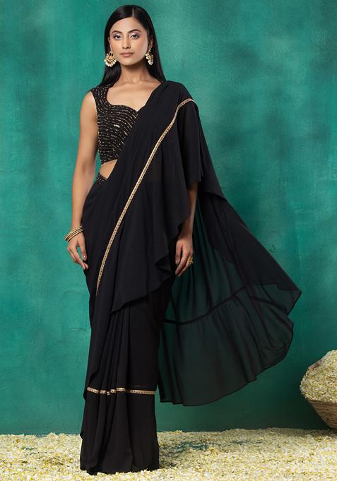Black Pre-Stitched Saree Set With Sequin Bead Embroidered Blouse