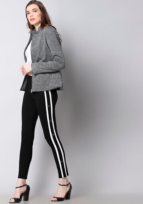 Black White Side Panel Buttoned Leggings