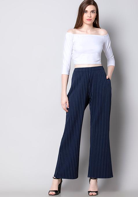 westchic combo of women navy striped casual pant & white off shoulder top