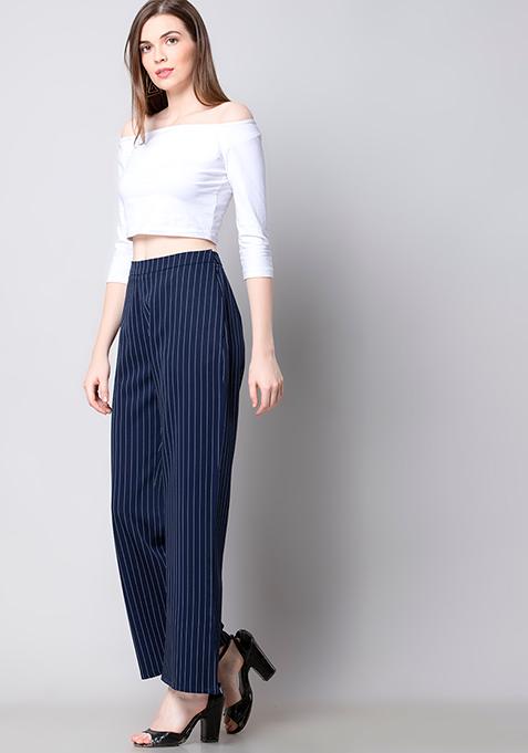 westchic combo of women navy striped casual pant & white off shoulder top