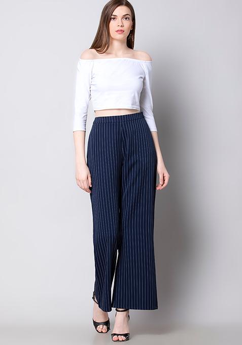 westchic combo of women navy striped casual pant & white off shoulder top