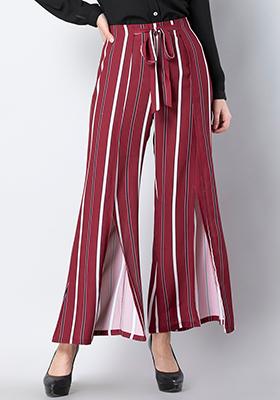 Maroon Striped Wrap Wide Legged Pants 